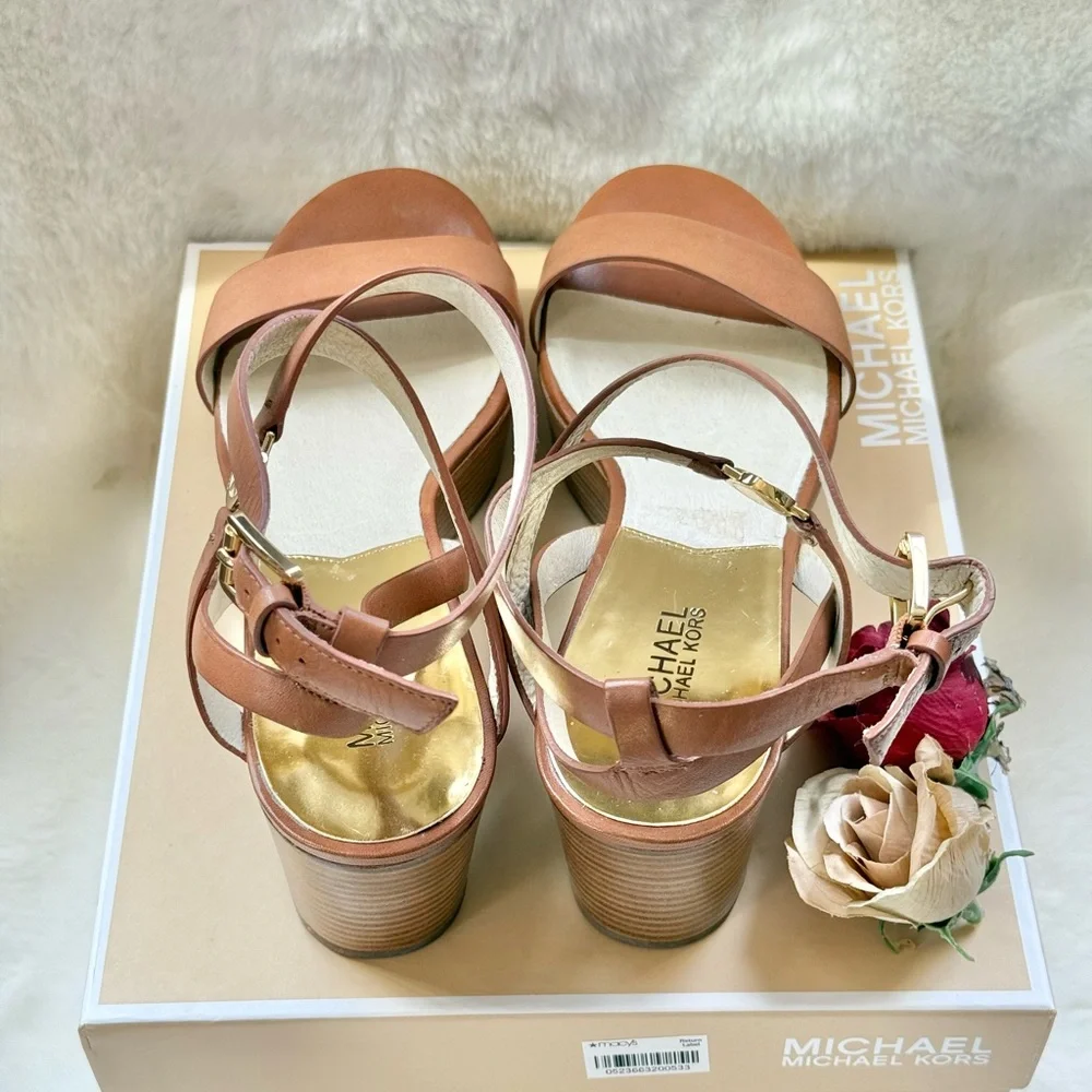 New with tags MICHAEL KORS JALITA CHARM platform SANDAL color, “Luggage”Leather - Picture 11 of 16